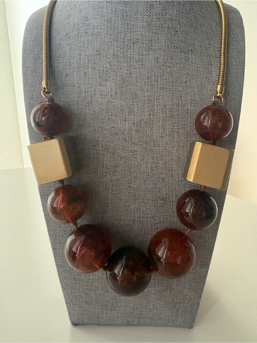 Banana Republic Statement Necklace Resin Wood Long Gold Tone